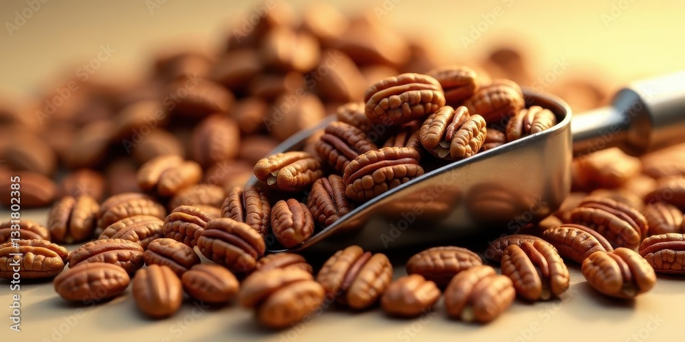 A close-up shot of a metal scoop filled with many pecan halves, surrounded by more pecans on a light brown surface. The lighting accentuates the rich brown color and texture of the nuts. A close-up shot of a metal scoop filled with many pecan halves, surrounded by more pecans on a light brown surface. The lighting accentuates the rich brown color and texture of the nuts.