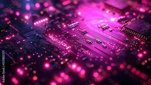 Close Up Pink And Purple Glowing Circuit Board Technology Background