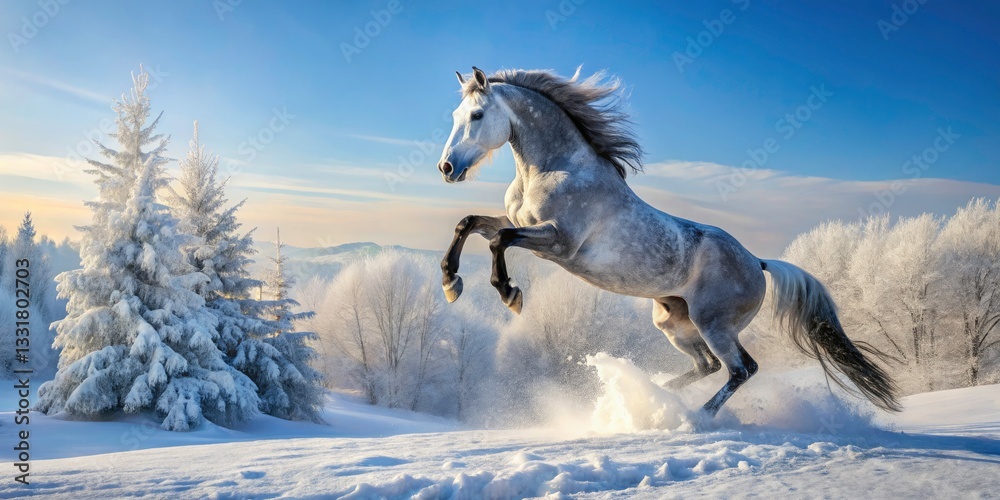 Fototapeta premium Aerial View of a Majestic Grey Horse Rearing in a Snowy Winter Landscape, Capturing the Spirit of Nature and Equine Beauty