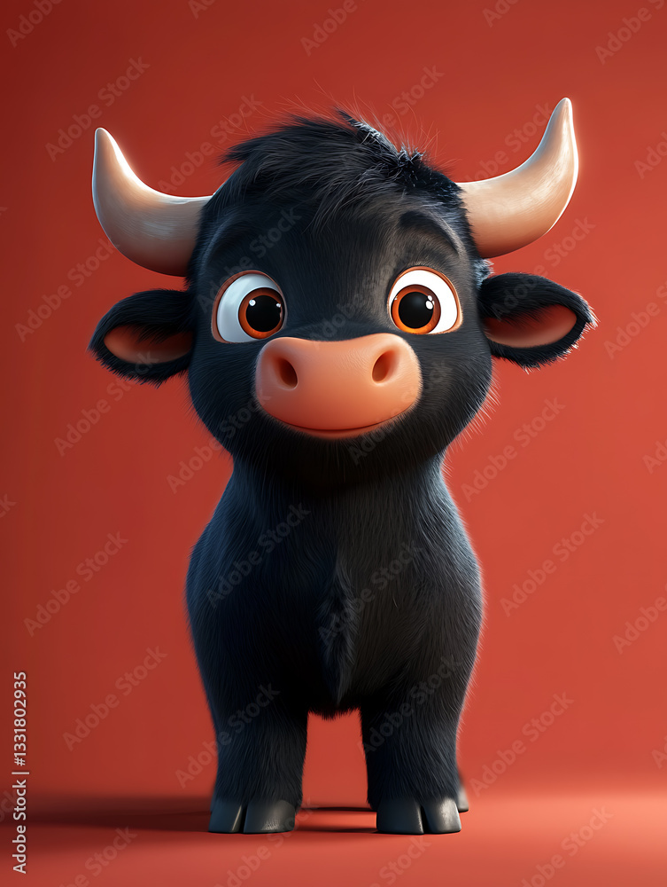 Cute cartoon bull character with big expressive eyes on a vibrant red background showcasing charm and playfulness