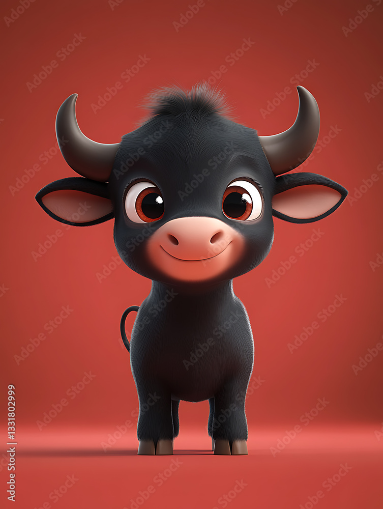 Cute cartoon bull character with big expressive eyes on a vibrant red background showcasing charm and playfulness