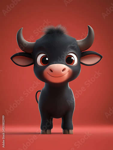 Obraz na płótnie Cute cartoon bull character with big expressive eyes on a vibrant red background showcasing charm and playfulness w salonie