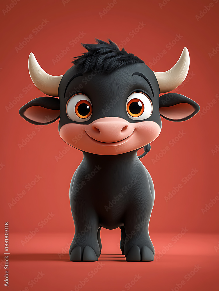 Cute cartoon bull character with big expressive eyes on a vibrant red background showcasing charm and playfulness