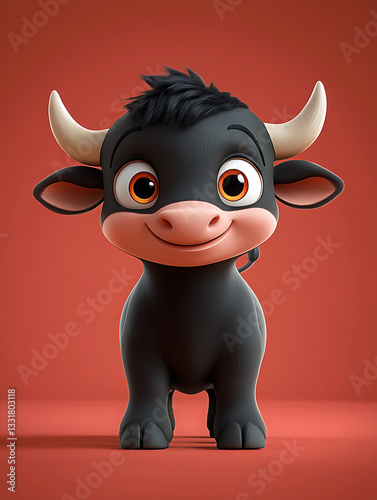 Cute cartoon bull character with big expressive eyes on a vibrant red background showcasing charm and playfulness