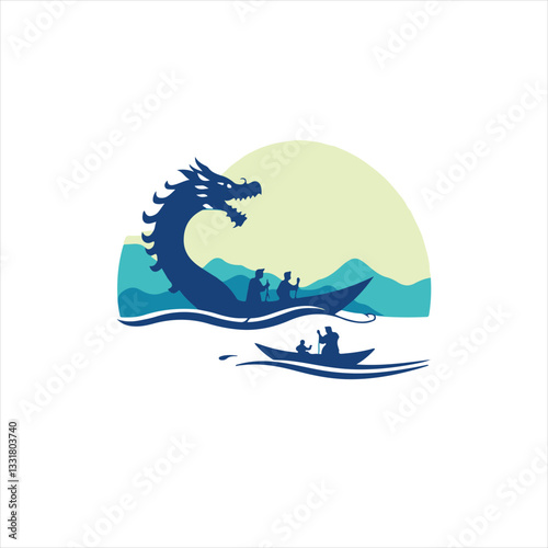 Vector style silhouette logo Dragon Boat Festival on white background using cool blues greens purples geometric shapes clean lines balanced symmetrical design
