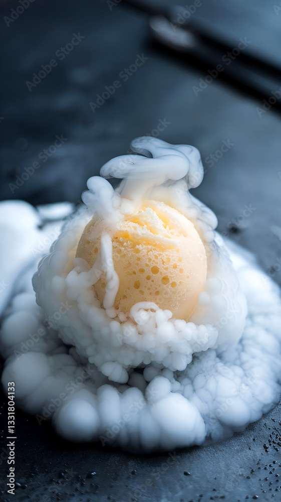 Fototapeta premium Close-up of a vanilla ice cream scoop emitting artistic wisps of vapor on a textured dark surface creating a dramatic contrast and visually intriguing composition.