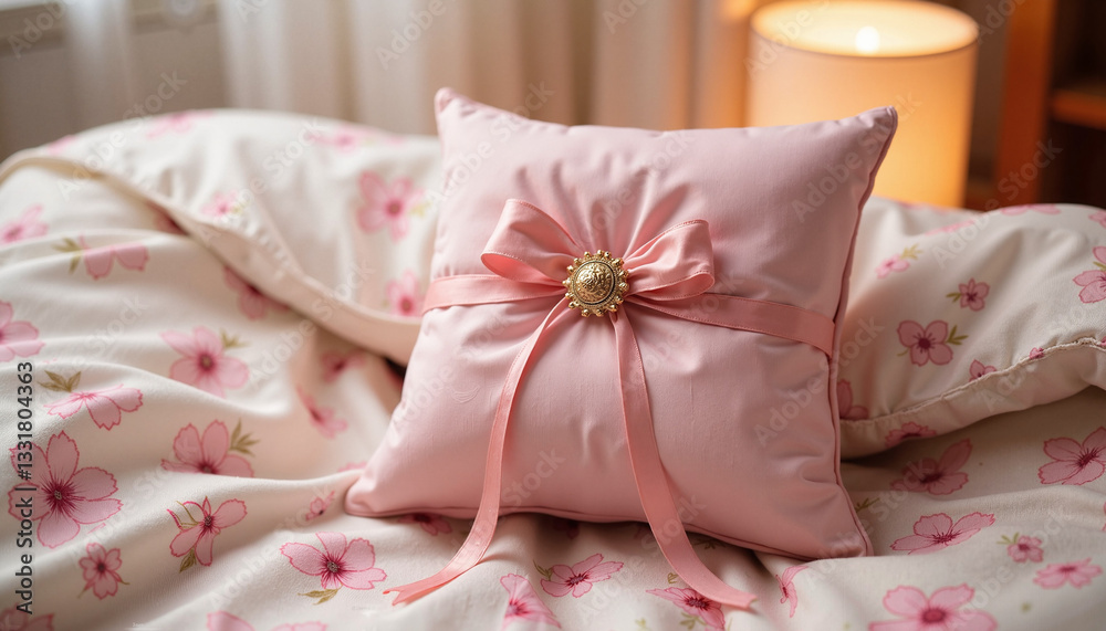 Ring pillow elegantly adorned with a pink ribbon and a decorative brooch, displayed on a floral-patterned blanket with soft lighting and copy space Ring pillow elegantly adorned with a pink ribbon and a decorative brooch, displayed on a floral-patterned blanket with soft lighting and copy space