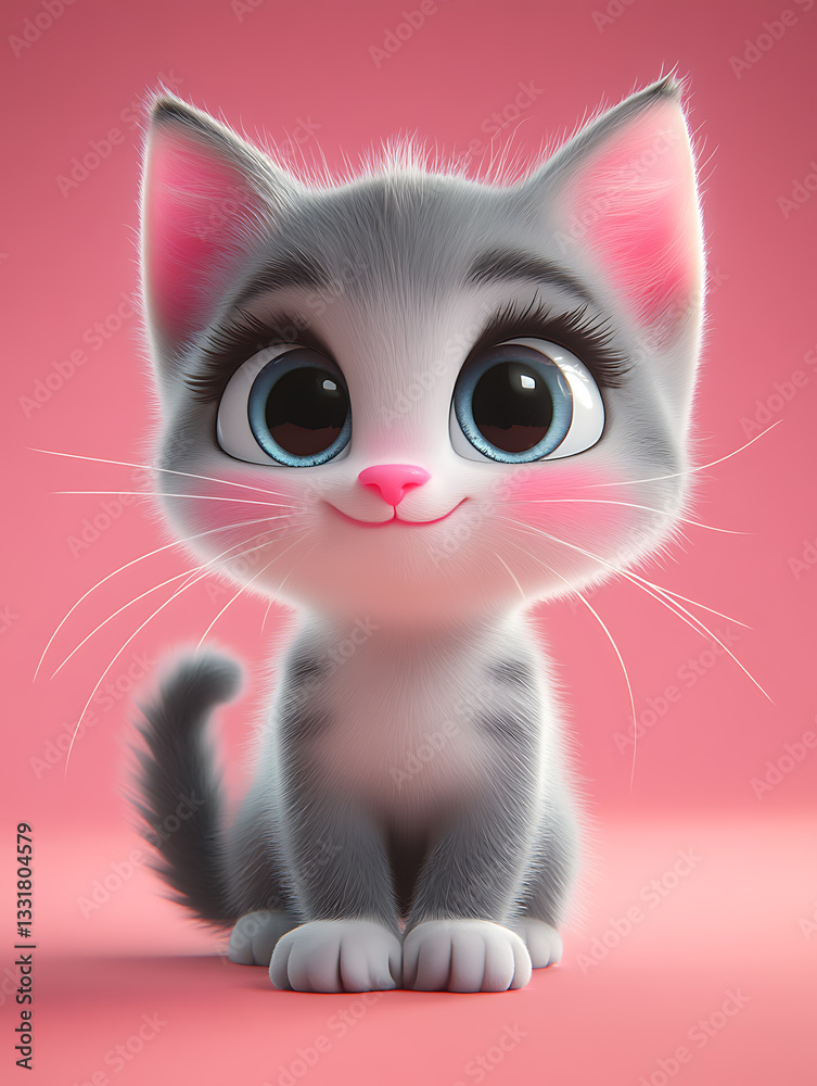 Cute ginger kitten with big eyes smiles playfully in a whimsical pink setting during daylight hours