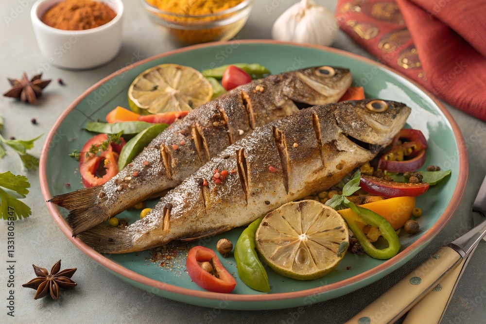 Crispy Masala Grilled Whole Fish with Vegetables Spiced Seafood Recip. Crispy Masala Grilled Whole Fish with Vegetables Spiced Seafood Recip.