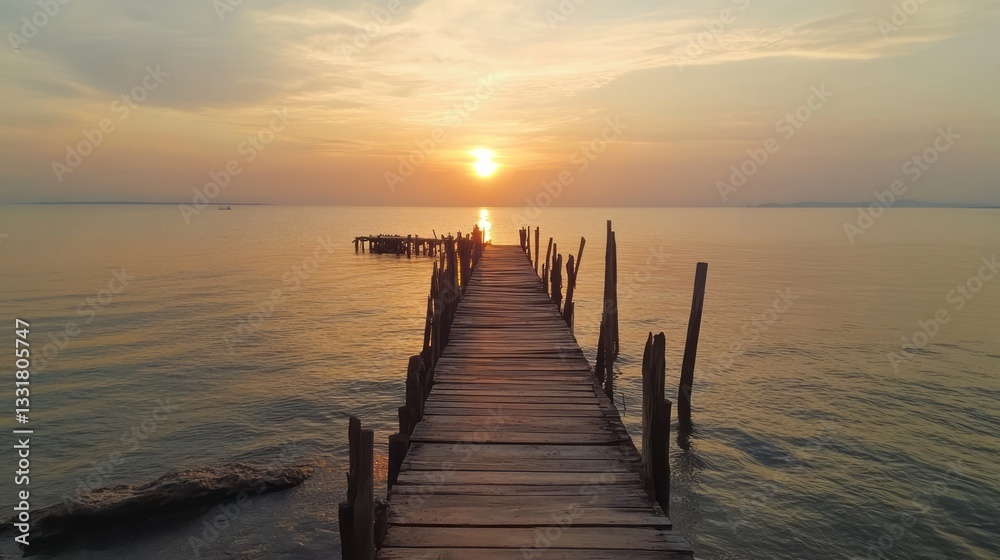 a wooden pier extends into calm ocean water under a setting sun. a wooden pier extends into calm ocean water under a setting sun.