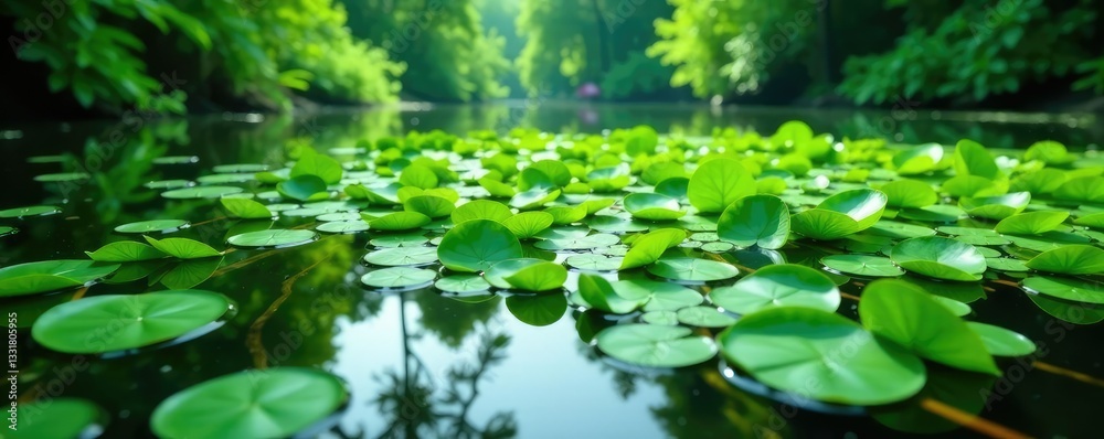 Dense aquatic greenery floats on water surface, calm waters, duckweed, freshwater Dense aquatic greenery floats on water surface, calm waters, duckweed, freshwater