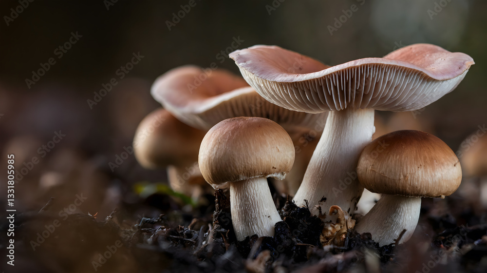 A large mushroom with a curved, pinkish cap stands out, surrounded by two smaller, round brown mushrooms, creating a striking, earthy contrast in a natural display A large mushroom with a curved, pinkish cap stands out, surrounded by two smaller, round brown mushrooms, creating a striking, earthy contrast in a natural display