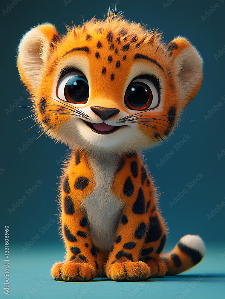 Cute cartoon leopard character sitting and smiling against a light blue background in a playful and friendly pose, perfect for children's illustrations