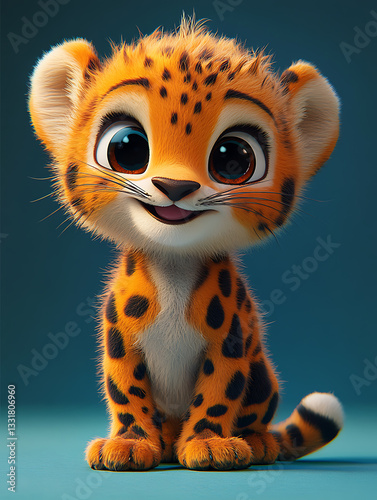 Obraz na płótnie Cute cartoon leopard character sitting and smiling against a light blue background in a playful and friendly pose, perfect for children's illustrations w salonie