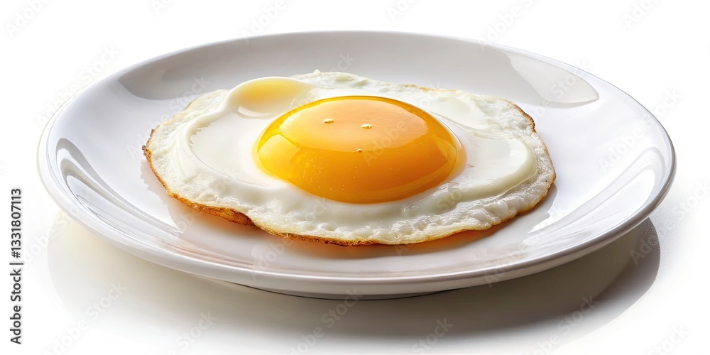 Delicious Fried Egg on White Plate Isolated on White Background for Culinary Photography, Breakfast Food, Healthy Eating, and Recipe Inspiration Delicious Fried Egg on White Plate Isolated on White Background for Culinary Photography, Breakfast Food, Healthy Eating, and Recipe Inspiration