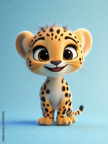 Obraz na płótnie Cute cartoon leopard character sitting and smiling against a light blue background in a playful and friendly pose, perfect for children's illustrations w salonie
