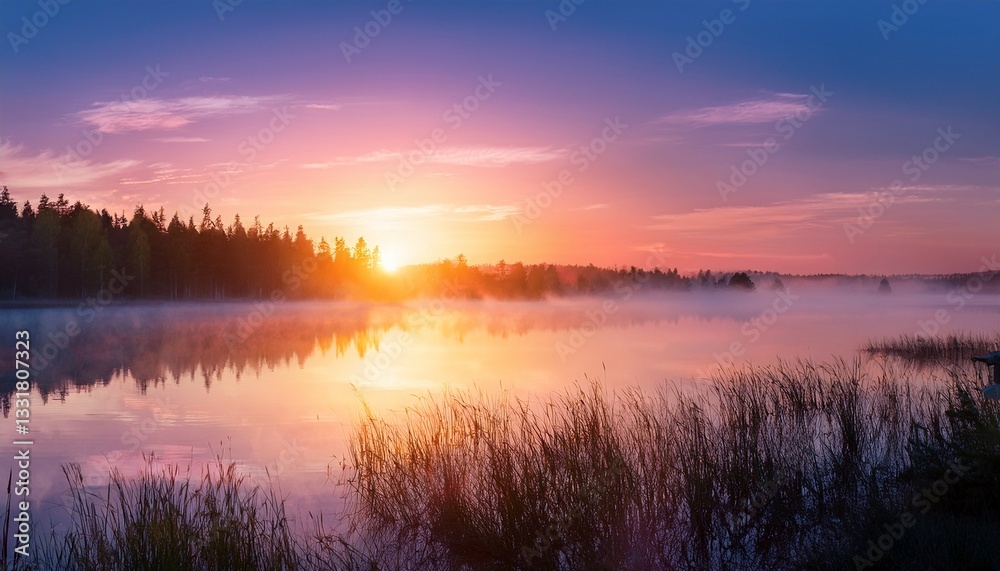 Fototapeta premium Stunning sunrise over a calm lake with mist and vibrant colors. 