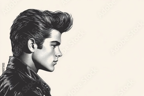 Stylish young man in profile with retro hairstyle and leather jacket in classic punk aesthetic