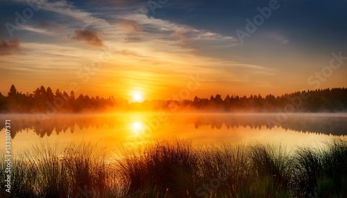  Stunning sunrise over a calm lake with mist and vibrant colors. 
