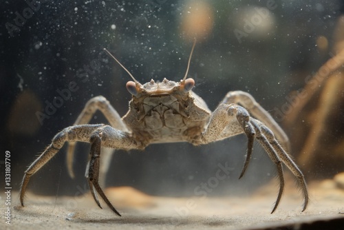 Close-up view of a crab in an aquarium observing its surroundings during the afternoon photo