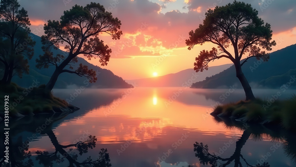 Serene Sunset Over Still Waters, Framed by Two Majestic Trees on Opposite Shores, Reflecting in the Calm Lake's Surface Serene Sunset Over Still Waters, Framed by Two Majestic Trees on Opposite Shores, Reflecting in the Calm Lake's Surface