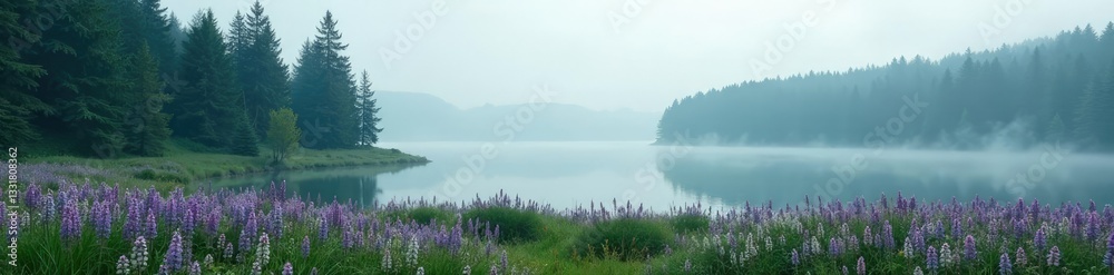 Fototapeta premium Dense foliage of spruce trees surrounds a serene lake in Lupine Field, foggy, tranquility, calm