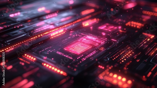 Glowing Red and Pink Circuit Board with Central Processor