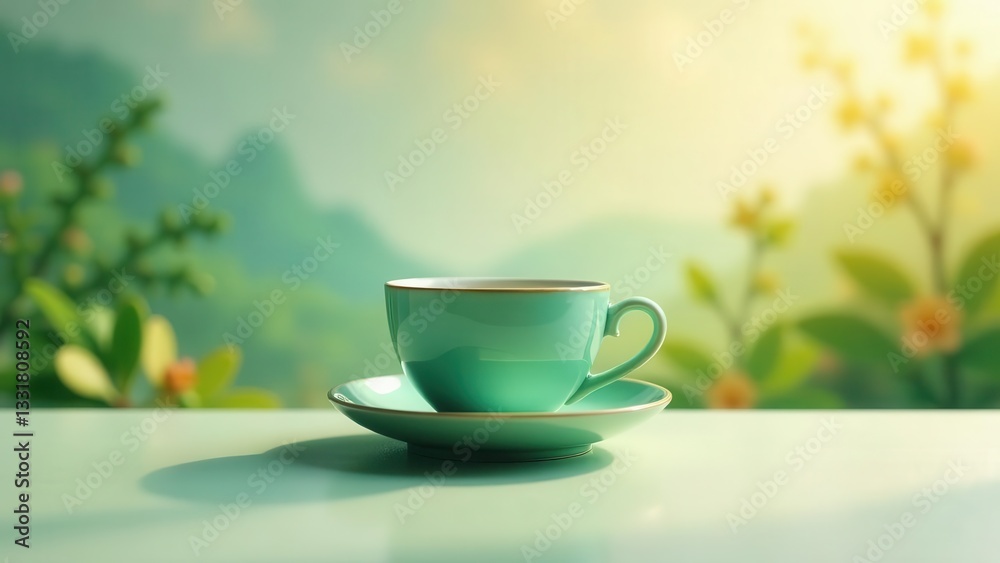Serene Morning Tea A Gentle Green Cup on a Saucer, Basking in Soft Sunlight Against a Blurred Background of Lush Greenery and Delicate Blossoms Serene Morning Tea A Gentle Green Cup on a Saucer, Basking in Soft Sunlight Against a Blurred Background of Lush Greenery and Delicate Blossoms