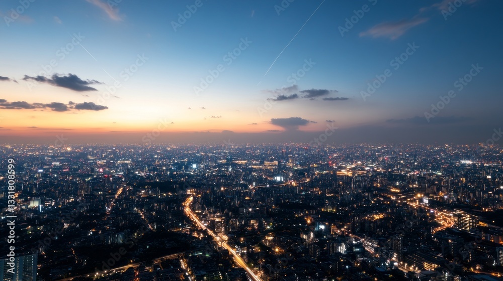 aerial view of a city at dusk with lights. aerial view of a city at dusk with lights.