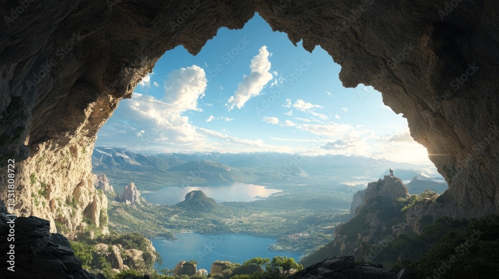 Fototapeta premium a cave entrance with a scenic view of mountains and lakes.