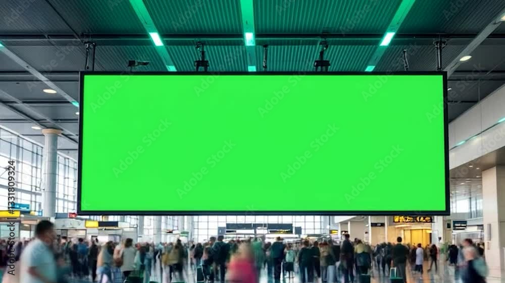 Green screen billboard standing on a busy city street at night with blurred lights and people passing by. Perfect for advertisement 4k Video. generated with AI
