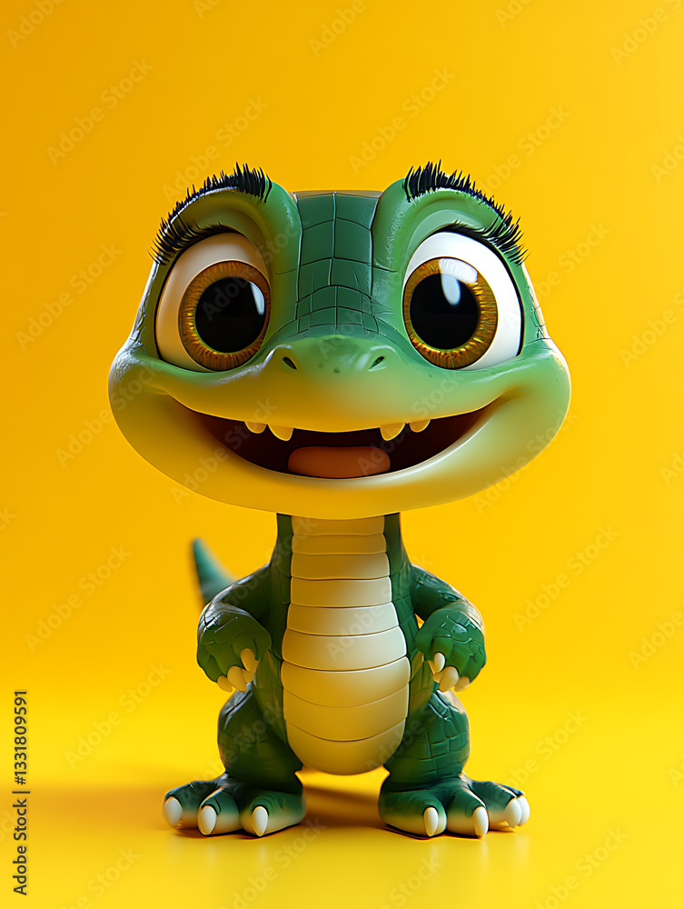 Happy green animated creature with large eyes and a big smile against a bright yellow background