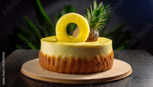  A tropical pineapple cake with a single, bold pineapple ring as its focal point. photo