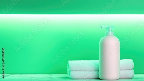 Minimalist display featuring white lotion bottle and soft towels
