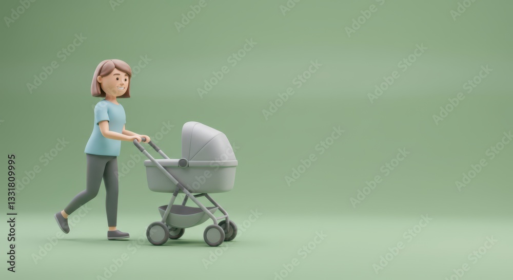 A 3D mother pushing a stroller, positioned on the left side, solid light green background, glossy finish, dynamic pose, space on the right for text A 3D mother pushing a stroller, positioned on the left side, solid light green background, glossy finish, dynamic pose, space on the right for text
