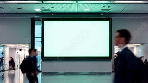 Green screen billboard standing on a busy city street at night with blurred lights and people passing by. Perfect for advertisement 4k Video. generated with AI