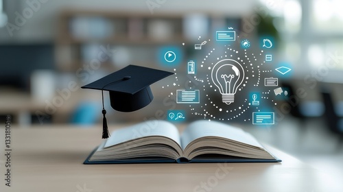 Celebrating Online Learning Achievements with a Graduation Cap on a Book Representing Knowledge and Growth in a Digital World