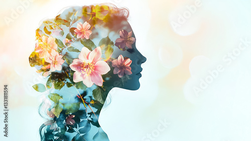 Serene Person Profile with Pink and White Blossoms Double Exposure