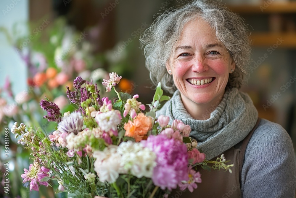 Smiling woman holds a vibrant bouquet in a cheerful flower shop on a sunny day