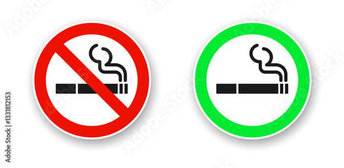 No smoking and smoking area signs. Round icons with cigarette symbol. Red prohibition sign and green permission sign.