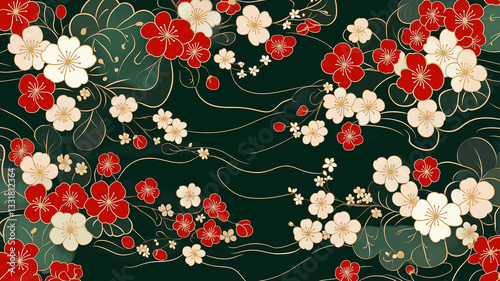 Wallpaper Mural 和風背景 素材 和柄パターン ゴールドの花模様 シックなデザイン 和紙風 背景 壁紙 菊 梅 ダークグリーン 日本伝統模様 高級感 レトロモダン ポスター 年賀状 装飾 商用利用可能 和風テクスチャ 和デザイン Torontodigital.ca