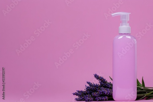 Bottle of pink lotion beside fresh lavender on soft pink backgro