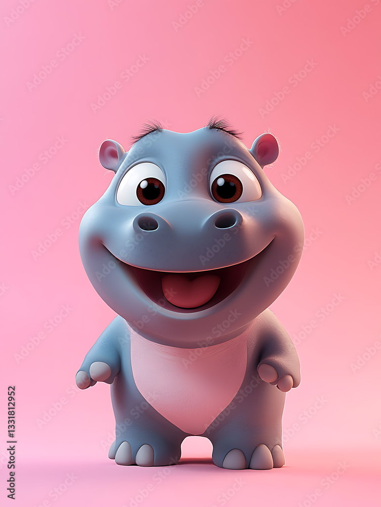 Cute cartoon hippo character with big eyes and a smiling expression stands against a soft pink background