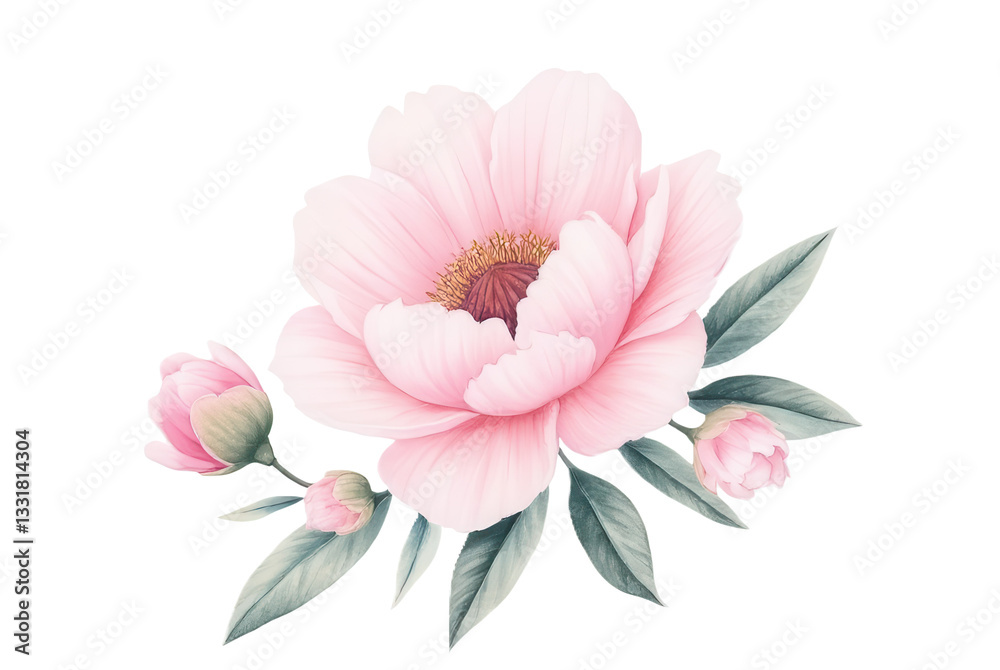 Fototapeta premium Elegant Pink Peony Flower with Buds and Green Leaves Decoration