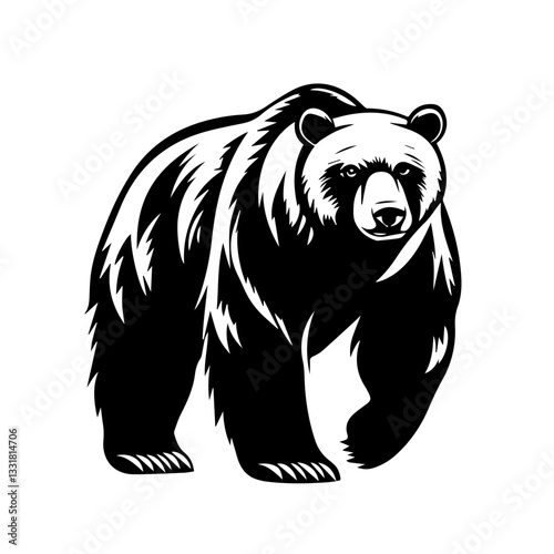 Black and white illustration of a brown bear. Bear. Wild animal.