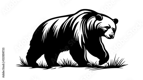 Black and white illustration of a brown bear. Bear. Wild animal.