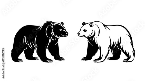 Black and white illustration of a brown bear. Bear. Wild animal.