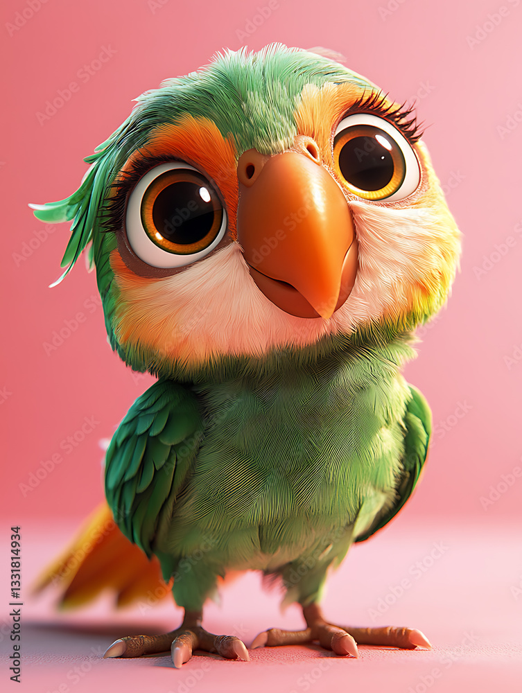 Cute cartoon bird character with large eyes and fluffy feathers standing against a pastel background in a cheerful display of color and personality