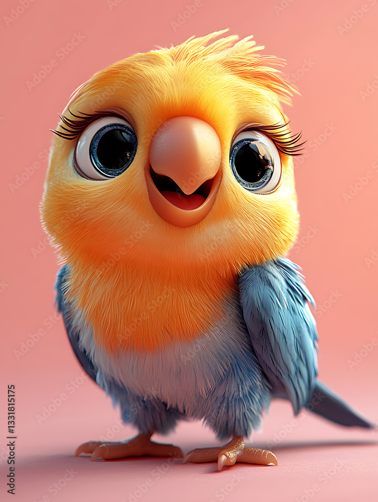 Cute cartoon bird character with large eyes and fluffy feathers standing against a pastel background in a cheerful display of color and personality