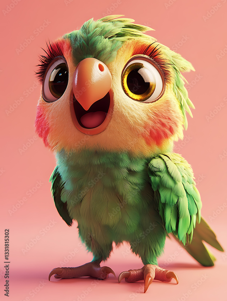 Cute cartoon bird character with large eyes and fluffy feathers standing against a pastel background in a cheerful display of color and personality